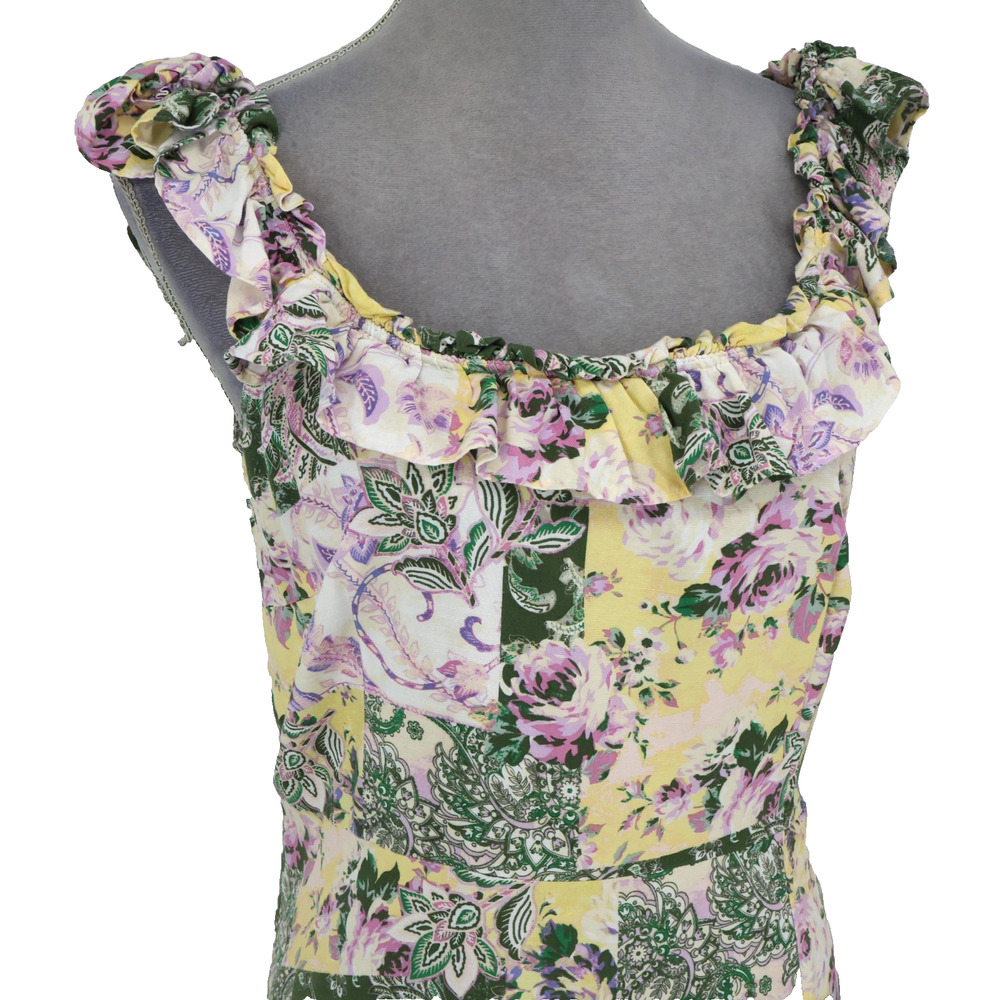 Loft Dress Womens Medium Green Yellow Floral Cotton Rayon Back Zip Ruffle Trim - Picture 6 of 13